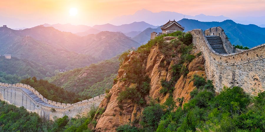 Walking along a section of the Great Wall of China